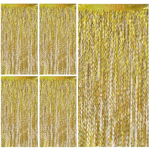 Gold Backdrop Birthday Decorations Foil Curtain Backdrop Gold Streamers Dance Party Decorations Photo Booth Props for Bachelorette Decorations Christmas Halloween New Years Eve Party Supplies - color: Gold, size: 5 Pack