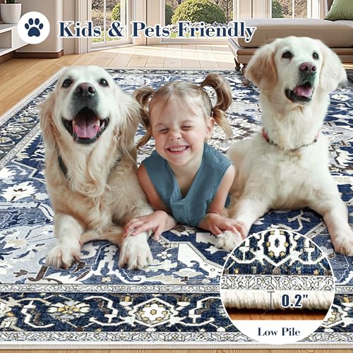 9x12 Blue Washable Area Rug - Large Boho Vintage Farmhouse Living Room Rug with Non-Slip Backing, Faux Wool Low Pile Indoor Carpet for Bedroom, Under Dining Table, Office - Navy Blue Multi - color: Navy Blue& Multi, size: 9' x 12' (Rectangular)