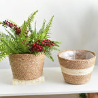 Water Hyacinth & Corn Stalk Woven Plant Basket with Plastic Liner Indoor Rustic Planter Basket for Home Floor Potted Plants Decorative Flower Pot Holder(7.09inch)