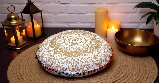 Round Mandala Floor Pillow Cover Seating Cushion Throw Cover Hippie Decorative Bohemian Ottoman Pouf Cover, Pom Pom Pillow Cases,Boho Indian 22 Inches (Gold)