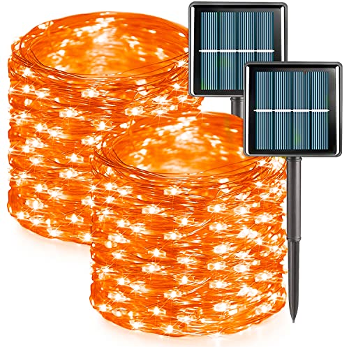 QITONG Orange Solar Fairy Lights, 2 Pack Each 66ft 200 LED String Lights Outdoor with 8 Modes, Silver Wire Solar Halloween Lights for Fall Thanksgiving Decor - color: Orange