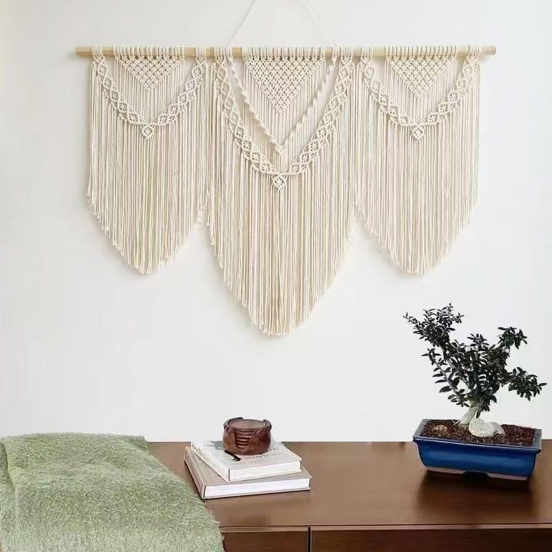 oiikain Large Handmade Boho Macrame Wall Hanging Tapestry - Chic Bohemian Woven Home Decor art for Living Room, Bedroom, and Wedding Parties (43''x32'', Three Triangle) - color: Beige Three Triangle