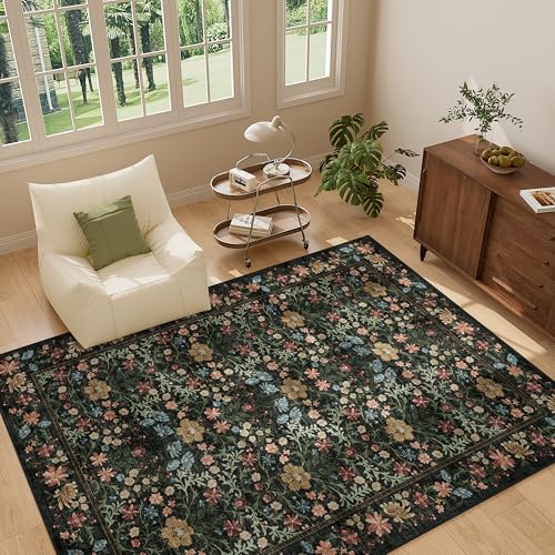 DUKINO 5x7 Area Rugs, Floral Washable Rugs for Bedroom with Non Slip Backing, Vintage Low Pile Indoor Floor Carpets for Bedroom, Living Room, Farmhouse, Home Office, Dining Room, Black - color: Black, size: 5' x 7' (Rectangular)