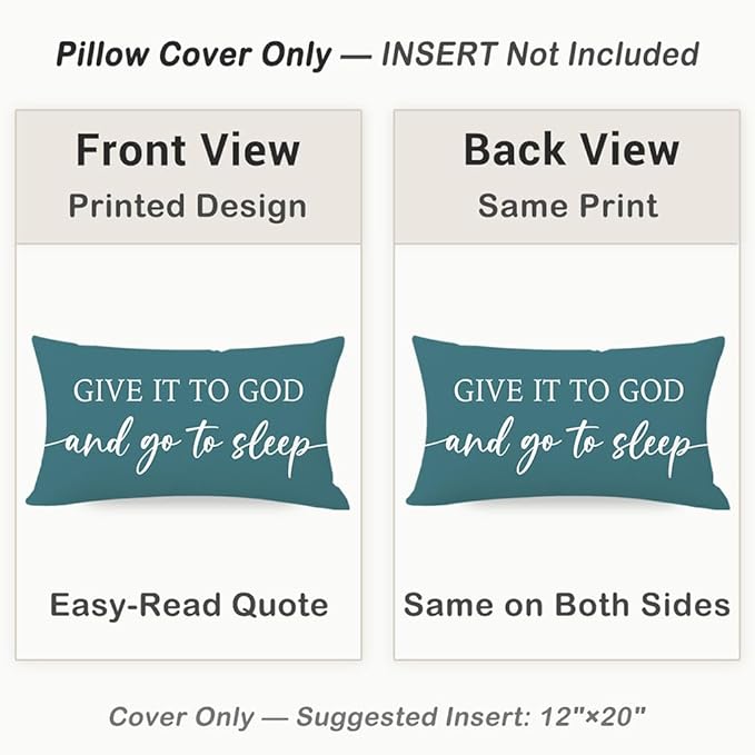 Decorative Throw Pillow Covers 12x20 Inch Set of 2 – Dusty Teal Christian Lumbar Pillowcase – Give It to God and Go to Sleep/Relax God’s Got This – Faith Bedroom Bed Decor