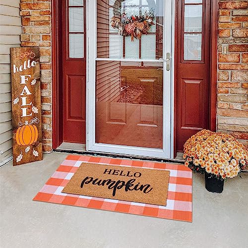 Ckorzen Fall Plaid Rug 28" x 43", Orange and White Buffalo Check Front Porch Outdoor Layered Doormat, Cotton Hand-Woven Washable Rug for Halloween Thanksgiving Autumn Decor - color: Orange & White, size: 2'4" x 3'7" (Rectangular)