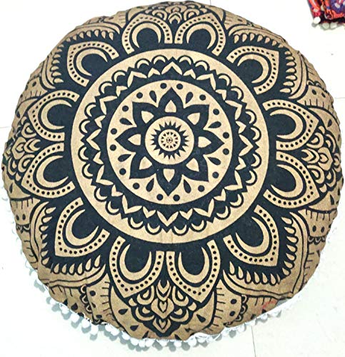 CRAFT KALA Mandala Floor Pillow Cushion Cover Seating Throw Cover Hippie Decorative Bohemian Ottoman Poufs Pom Pom Pillow Cases Boho Indian Cotton Living Room Home Décor 24" Round Black Gold Flower - color: Black Gold Flower, size: 24" x 24" (Pack of 1)