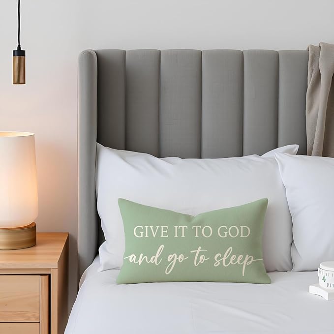 Farmhouse Sage Green Pillow Covers 12x20 Inch Set of 2 – Christian Lumbar Decorative Throw Pillowcase – Give It to God and Go to Sleep/Relax God’s Got This – Faith Decor for Home