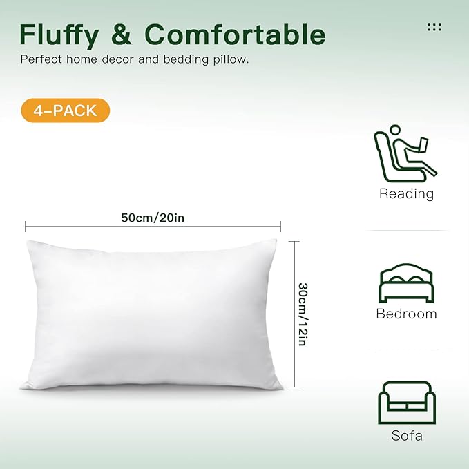 OTOSTAR Pack of 4 Throw Pillow Inserts, 12 x 20 Rectangle Cushion Inner Soft Fluffy Plump Stuffer Cushion Pads White Decorative Pillow Inserts