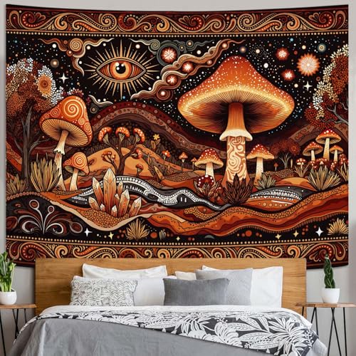 Accnicc Hippie Mushroom Tapestry Orange Red Abstract Mountain Wall Tapestry for Bedroom Aesthetic Bohemian Art Vintage Star Eye Large Tapestries Wall Hanging for Dorm Living Room Decor 80 × 60 Inch - color: Orange, size: 80"L x 60"W