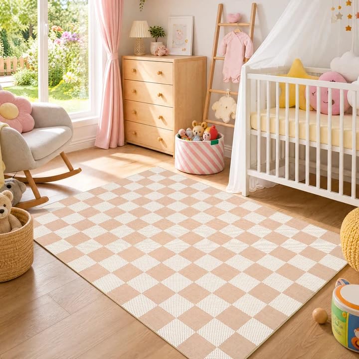 GarveeHome Checkered Blush Beige Neutral Nursery Kids Playroom 3x5 Washable Rug Geometric Modern Soft Low-Pile Stain Resistant Small Rug for Bedroom Entryway Non-Slip TPE Backing - color: Blush Beige, size: 3' x 5' (Rectangular)