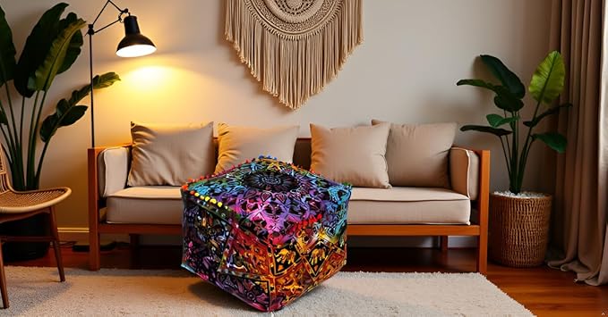 CRAFT KALA Square Mandala Floor Pillow Cushion Cover Seating Throw Cover Hippie Decorative Bohemian Ottoman Cover Poufs Pom Pillow Cases Boho Cotton Living Room Home Décor 22X22X14 inches, Multi Star