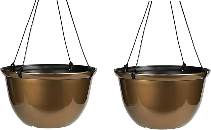 The HC Companies 11 Inch Hanging Metallic Planter - Round Hanging Basket for Indoor Outdoor Plants, Bronze (Pack of 2)