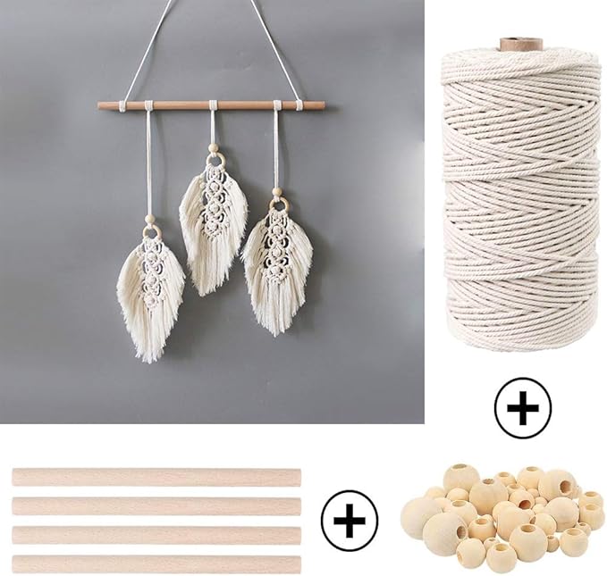119pcs Macrame Kits for Starter 3mm x 109Yards Natural Cotton Macrame Cord with 100pcs Wooden Beads,10pcs Wooden Rings,Wooden Sticks,Metal Rings,S Hooks Macrame Supplies for Plant Hangers