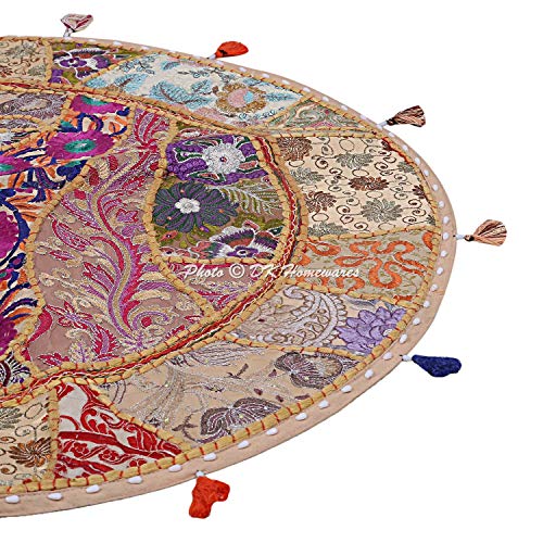 Indian Bohemian Floor Cushion Adult Beige 32 Inch Patchwork Living Room Pouffe Footstool Home Decor Embroidered Vintage Cotton Round Floor Pillow Boho 32x32