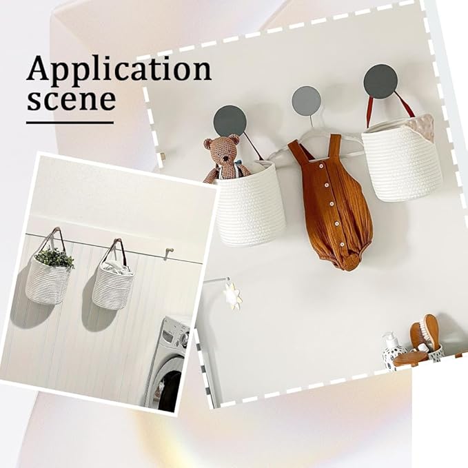 7.1 x 9.8 x 4.7 Inch Hanging Woven Basket Cotton Wall Basket with Handle White Rope Multifunction Macrame Closet Shelf Organizing Storage Wall Mounted Bin for Kitchen Room Fruit Plants Towels