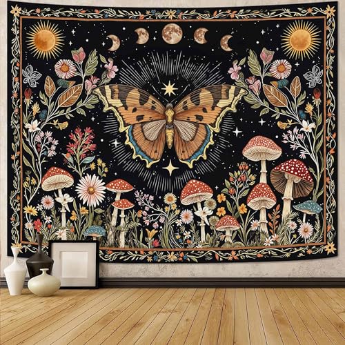 Accnicc Boho Butterfly Tapestry Mushroom Sun and Moon Hippie Wall Tapestry for Bedroom Aesthetic Vintage Floral Plant Small Tapestries Wall Hanging for Dorm Living Room Decor 48 x 36 Inch - color: Brown Black, size: 48"L x 36"W