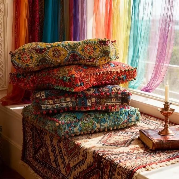Bohemian Floor Pillow, Square Meditation Cushion & Yoga Mat – Ethnic Mandala Pattern Floor Seating for Living Room, Bedroom, Relaxation, Floor Decor(Orange)