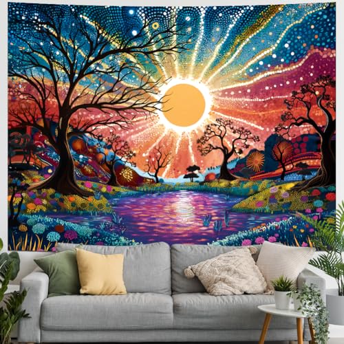 Serborlur Tree of Life Tapestry Trippy Sun Forest Tapestries Colorful Starry Sky Tapestries Hippie Nature Landscape Tapestry Wall Hanging for Living Room Bedroom (39.4" x 52.4") - size: W52.4"×H39.4"