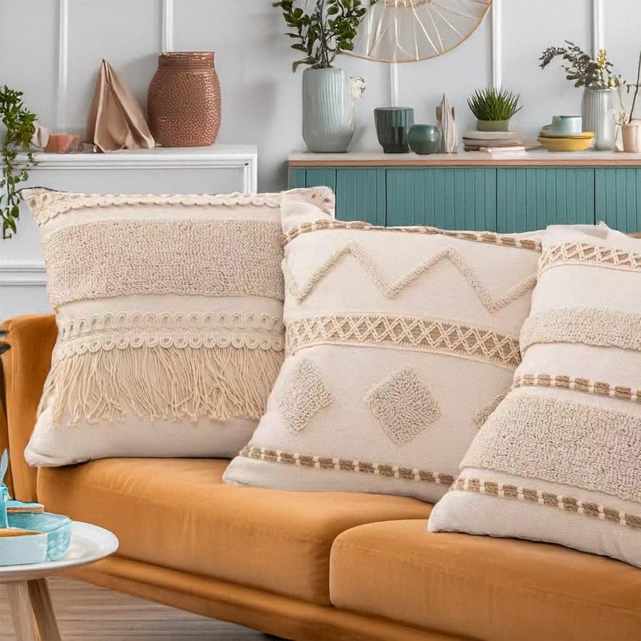 Handwoven Tufted Throw Pillow Cover with Tassels Boho Decorative Cushion Case for Couch Sofa Living Room Bedroom Home Decor - color: 1-002 Hand Woven Tufted Pillowcase