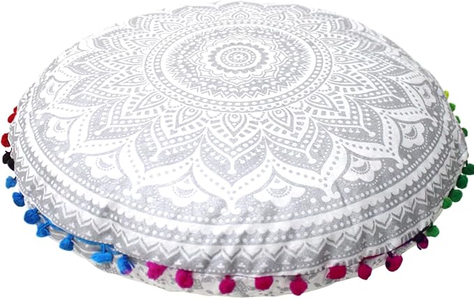 CRAFT KALA Boho Large Floor Pillow Pouf Cover Mandala Meditation Room Pillow Cover for Adults Round Bohemian Seating Pouf Cushion Cover for Kids Playroom 22" Silver Matellic Ombre