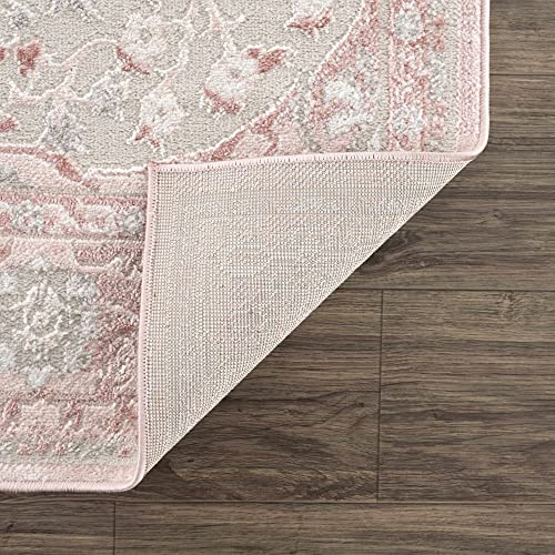 Hauteloom Isidore Boho Vintage Floral Area Rug - Farmhouse Traditional Medallion Carpet for Living Room, Bedroom, Dining Room - High Pile - Pale Pink, Peach, Cream, Blush - 5'2" x 7' - color: Pink, Gray / Zora, size: 5'2" x 7' (Rectangular)