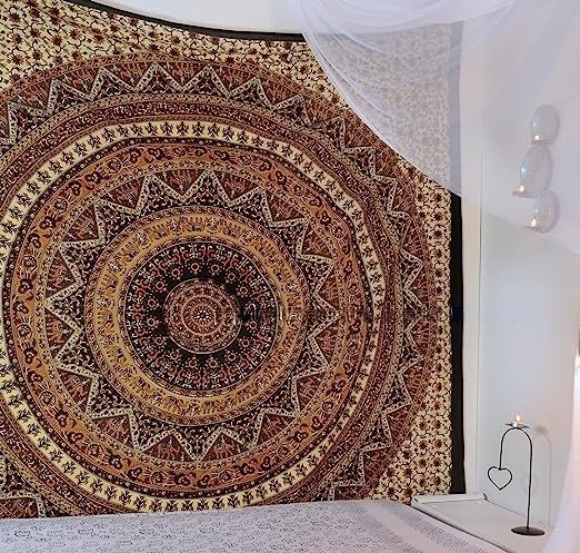 Popular Handicrafts Hippie Mandala Wall Hanging Tapestry For Bedroom Bohemian Psychedelic Intricate Floral Design Indian Tapestries Bedspread 84 x 54 Inches (215cm x 137cm) Brown