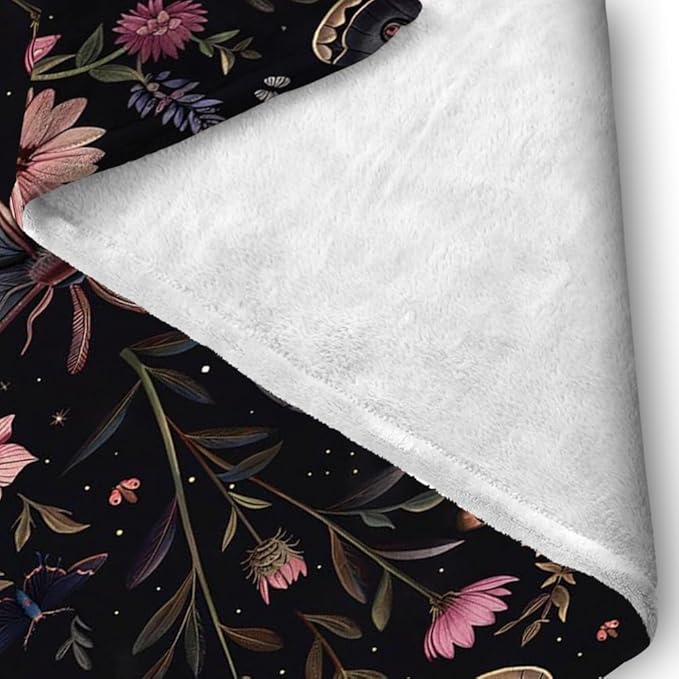 Moon Moth Throw Blanket 60"x80" Soft Cozy Lightweight Flannel,Mystical Night Garden Botanical Celestial Blankets Gifts for Women Gothic Witchy Blanekts for Couch Office Travel Home Decor