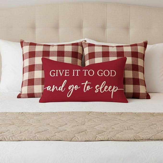 Decorative Throw Pillow Covers 12x20 Inch Set of 2 – Crimson Red Christian Lumbar Pillowcase – Give It to God and Go to Sleep/Relax God’s Got This – Christmas Faith Bedroom Bed Decor