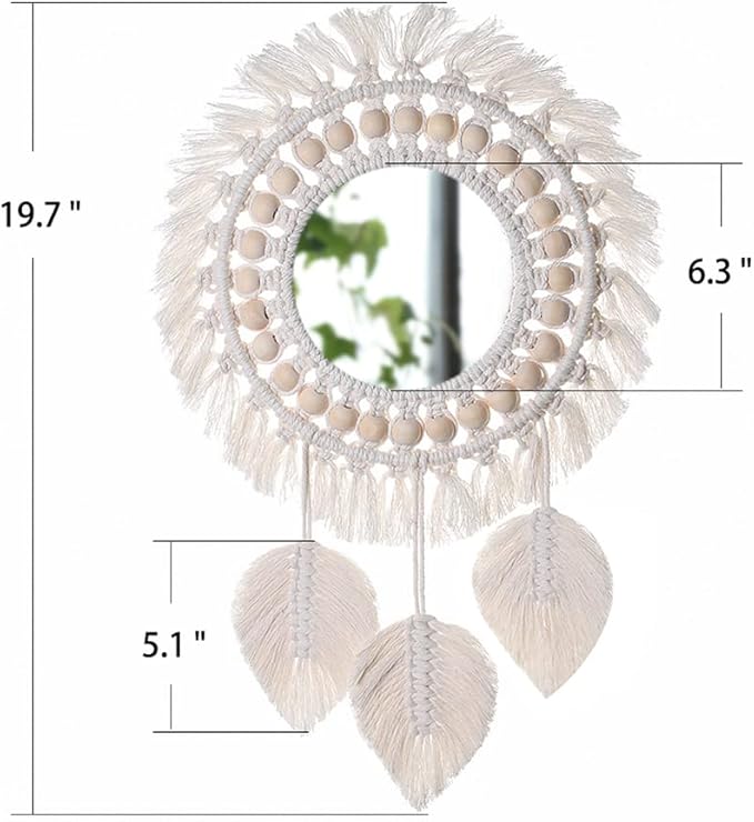 Artilady Macrame Hanging Wall Mirror - Boho Fringe Round Handmade Decorative Acrylic Mirror for Apartment Living Room Bedroom Baby Nursery Home Decor (Leaf)