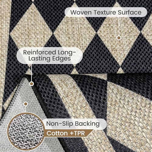 Washable Checkered Easy Jute Rug 8x10, Black Checkerboard Geometric Modern Outdoor Indoor Patio Large Rugs, Woven Thin Carpet Mat for Living Room Bedroom Classroom Nursery Play Room Backyard - color: Checkerboard -1 Black, size: 8' x 10'
