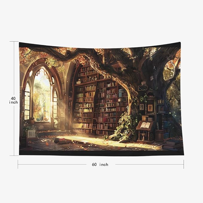 EMMTEEY Library Bookshelf Tapestry 60X40 Inch - Large Tree Wall Decor Medieval Dark Academia Backdrop for Study Room Office