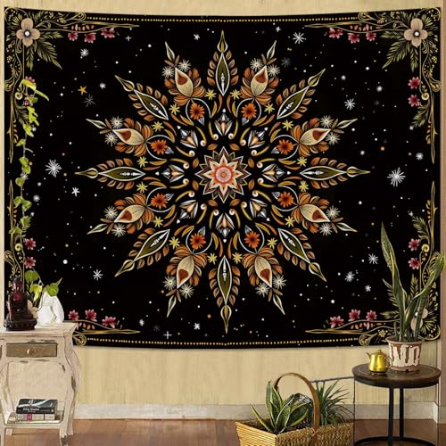 Haibimen Boho Floral Mandala Tapestry Black Gold Bohemian Flower Tapestry for Bedroom Vintage Dark Tapestries Wall Hanging for Living Room, Bedroom, Dorm (Black 4, 60''×44'') - color: Black 4, size: 60''×44''