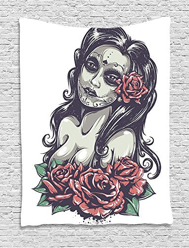 Ambesonne Gothic Tapestry, Sugar Skull Inspired Makeup Lady and Romantic Ethnic Roses Concept Mexican Culture Illustration Print, Wall Hanging for Bedroom Living Room Dorm Decor, 40" X 60", Black Pink - color: Black Pink, size: 60"L x 40"W
