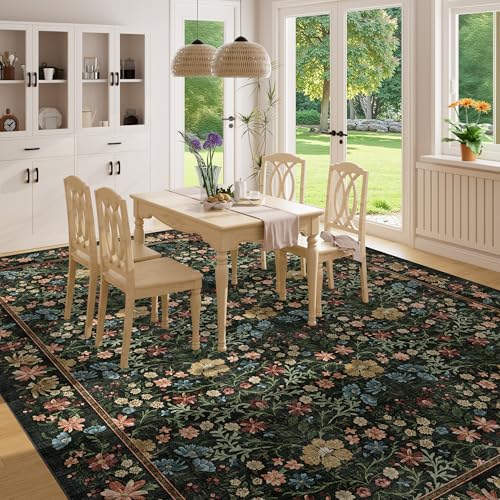 DUKINO 9x12 Area Rugs for Living Room, Large Soft Vintage Floral Washable Rug, Non Slip Indoor Floor Low Pile Carpets for Bedroom, Farmhouse, Dining Room, Nursery, Home Office, Black - color: Black, size: 9' x 12' (Rectangular)
