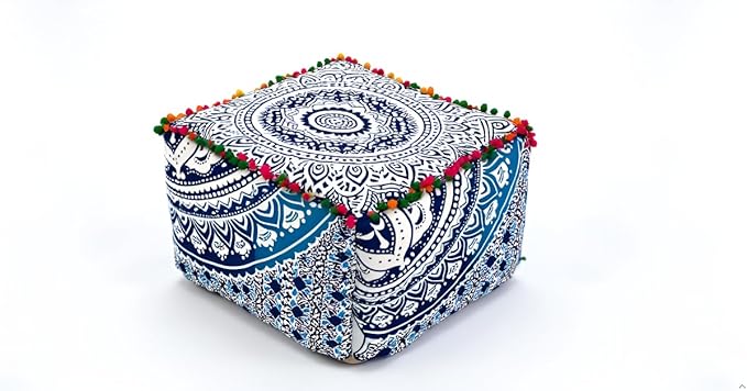 CRAFT KALA Indian Square Patchwork Traditional Pouf Cover Indian Living Room Poufs Cover Decorative Designer Ottoman Pom Pom Home Living Footstool Chair Cover Ottoman Decor 16X16X14 inches, Blue Ombre