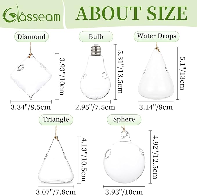 Glasseam Hanging Planters Glass Terrarium: 5Pcs Modern Plant Propagation Stations Hydroponic Wall Vases for Air Plants Flowers Indoor Window Home Decor