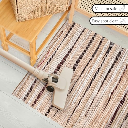 Cotton Hand Woven Chindi Rug 2x3 Feet - Beige, Decorative Soft Throw Indoor Floor Rag Rugs Ideal for Entryway, Kitchen, Kids Room | Durable Lightweight Neutral Home Space Dhurrie for Costal Décor - color: Beige, size: 2 x 3 feet