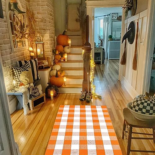 Bottalive Buffalo Plaid Outdoor Rugs, 3'x5' Orange and White Checkered Indoor/Outdoor Area Rug, Layering Rug for Hello/Welcome Door Mat, Washable Cotton Woven Farmhouse Mat for Fall Front Porch Décor - color: Orange and White Plaid, size: 3' x 5' (Rectang