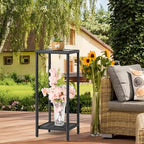 Outdoor Plant Stand 2 Tier Shelf for Patio Flower Pot Planter Stand Holder with Wicker Poly Lumber Shelves 31" Tall Corner Plant Display Rack with Adjustable Feet Heavy Duty for Balcony Porch Black