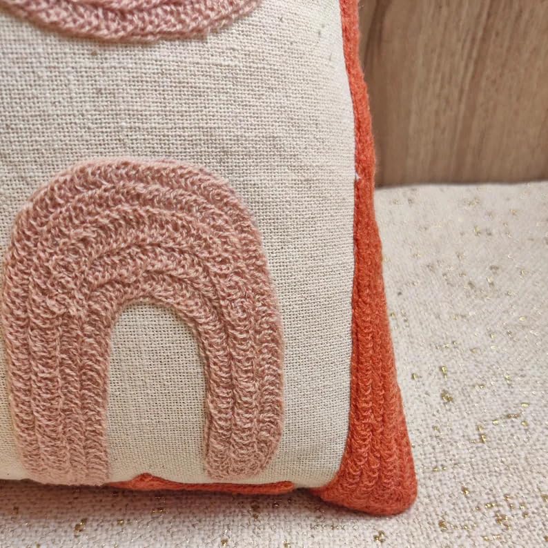 Boho Abstract Tufted Throw Pillow Cover, Neutral Terracotta Blush Pink Beige Embroidery Cushion Cover, Modern Abstract Art Decorative Pillowcase for Sofa Couch Living Room Bedroom, 18x18 Inch (Pillow