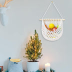 Hanging Fruit Basket Handmade Boho Cotton Rope Wall Hanging Basket Over Door Storage Woven Baskets for Kitchen and Bedroom to Store Any Small Stuffe (1, white)