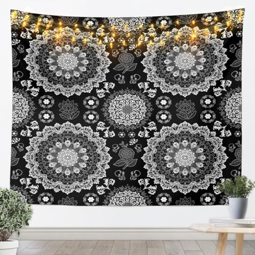 Feelyou Boho Mandala Tapestry Medium 59"x59" Bohemian Style Wall Hanging Blanket Black Block Print Wall Art for Living Room Bedroom Decoration Hippie Mandala Vintage Floral Spring - color: Black, size: Medium