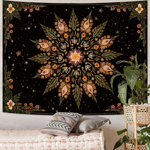 Fowocu Boho Floral Mandala Tapestry for Bedroom Aesthetic Vintage Bohemian Flower Wall Tapestry Black Green Hippie Indian Large Tapestries Wall Hanging for Living Room Dorm Decor 80 x 60 Inch - color: Black Green, size: 80"L x 60"W