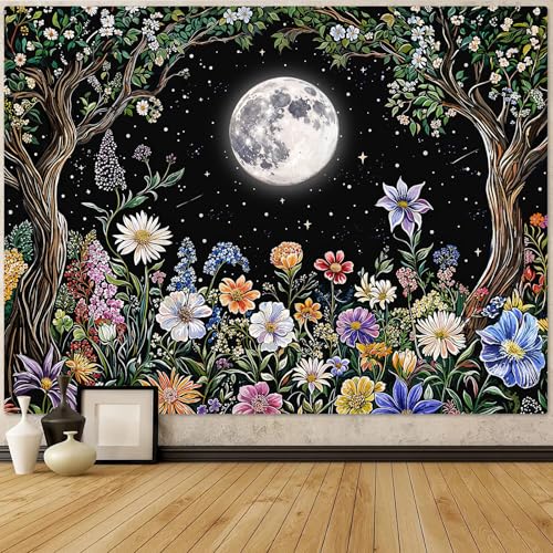 Kanuyee Boho Moon Tapestry Colorful Floral Wall Tapestry, Cute tapestries for Bedroom Ceiling Tapestries Wall Hanging for Bedroom Living Room Decor Moon-1 60"x80" - color: Snow White, size: 80"L x 60"W