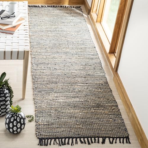 SAFAVIEH Vintage Leather Collection Runner Rug - 2'3" x 6', Grey, Handmade Boho Fringe Leather & Jute, Ideal for High Traffic Areas in Living Room, Bedroom (VTL203F) - color: Grey, size: 2'3" x 6' (Runner)
