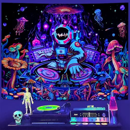 Amhokhui Blacklight Astronaut Tapestry UV Reactive Funny DJ Music Tapestry Trippy Aesthetic Tapestries Galaxy Space Tapestries Flower Wall Hanging Decor for Home - size: 92.5"L x 70.8"W