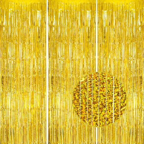 DECOCKRAT 3 Pack Foil Fringe Backdrop - Laser Gold Shiny Tinsel Curtains for Party Decoration/Photo Booth Props - 3.3x8.2 FT Metallic Foil Backdrop for Birthday, Wedding, Graduation, Christmas. - color: Laser Gold