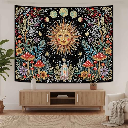 Accnicc Boho Sun and Moon Tapestry Hippie Mushroom Floral Wall Tapestry for Bedroom Aesthetic Vintage Plant Celestial Spiritual Small Tapestries Wall Hanging for Dorm Living Room Decor 48 x 36 Inch - color: Yellow Red, size: 48"L x 36"W
