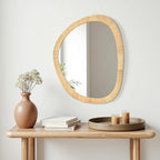 Rattan Mirror for Wall,31.5'' x 25.2" Wooden Framed Farmhouse Boho Wicker Coastal Irregular Vanity Mirror for Bathroom Living Room Entryway