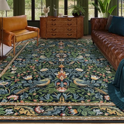 Beeiva Vintage Bird Washable Rugs for Living Room 5x7, Botanical Non Slip Stain Resistant Dining Room Rugs for Under Table, Floral Soft Carpet for Bedroom Dorm Classroom Decor (Dark Green/Navy Blue) - color: Dark Green/Blue, size: 5' x 7' (Rectangular)